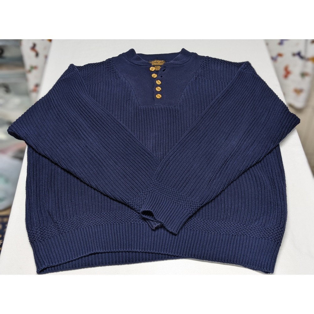 Eddie Bauer Mens XL Navy Blue Ribbed Cotton Henley Sweater Vintage Outdoor B780